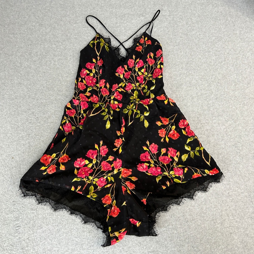 NBD Revolve Romper Black Dark Floral Rose Lace Trim Coquette Sleeveless Women XS